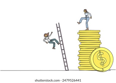 Eine durchgehende Linie ziehende Geschäftsfrau tritt den Gegner, der mit einer Leiter auf einen Münzhaufen klettert. Gier nach Wohlstand. Vergessen Kameraden in Waffen. Der Verräter. Vektorillustration des Zeichnens einer einzelnen Linie