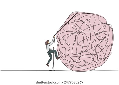 Continuous one line drawing businesswoman climbs heavy mess circle with rope. Trying to lay anxiety at the feet. For clarity of thought. Smart work hard. Single line draw design vector illustration