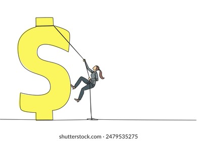 Continuous one line drawing businesswoman climbs dollar symbol. Metaphor looking for extra money because of high needs. Smart work combined with hard work. Single line draw design vector illustration