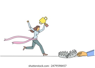 Continuous one line drawing businesswoman running with trophy. Dangerous business trap. Trap that really brings down business. Fake friend. Traitor. Rival. Single line draw design vector illustration