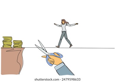 Continuous one line drawing businesswoman walking on tightrope from one cliff to another. Failed to move to much better place. Cheated by business friend. Single line draw design vector illustration