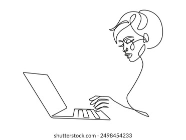 Continuous One Line Drawing of Businesswoman with Laptop. Woman One Line Illustration. Female Line Abstract Portrait. Minimalist Contour Drawing. Vector EPS 10	