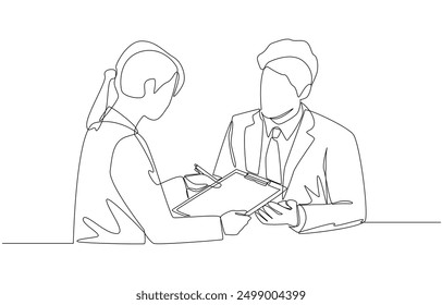 Continuous one line drawing of businesswoman presenting contract to client for signature, business contract concept, single line art.