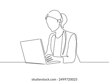 Continuous One Line Drawing of Businesswoman with Laptop. Woman One Line Illustration. Female Line Abstract Portrait. Minimalist Contour Drawing. Vector EPS 10