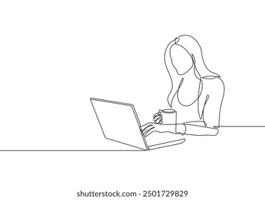 Continuous One Line Drawing of Businesswoman with Laptop. Woman One Line Illustration. Female Line Abstract Portrait. Minimalist Contour Drawing. Vector EPS 10	