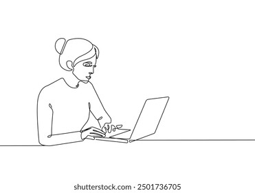 Continuous One Line Drawing of Businesswoman with Laptop. Woman in Office One Line Illustration. Businesswoman Abstract Minimalist Contour Drawing. Vector EPS 10	