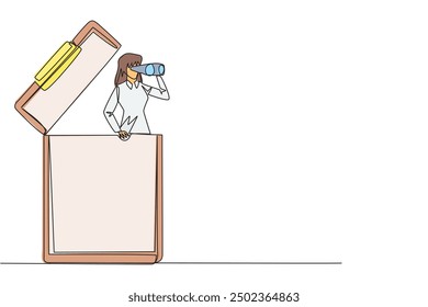 Continuous one line drawing businesswoman comes out of clipboard looking for something through binoculars. Looking for volunteers to fill in report form. Single line draw design vector illustration