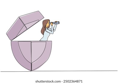 Continuous one line drawing businesswoman comes out of shield looking for something through binoculars. Looks for the best protection for the data server. Single line draw design vector illustration