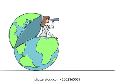 Continuous one line drawing businesswoman out of the globe looking for something through binoculars. Need to see the wider world to achieve much success. Single line draw design vector illustration