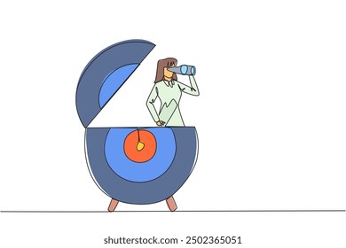 Continuous one line drawing businesswoman out of target arrow board looking for something through binoculars. Controlling focus for business success. Single line draw design vector illustration