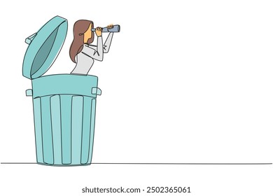 Continuous one line drawing businesswoman comes out of a trash can looking for something through binoculars. Not interested in backbiting. Throw gossip. Single line draw design vector illustration