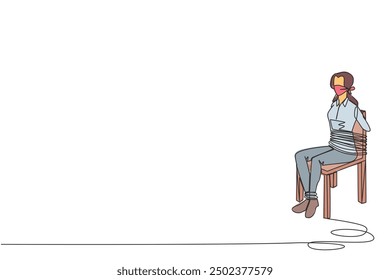 Continuous one line drawing businesswoman sitting, tied body and legs to chair. Very helpless against debt collectors. Become prisoner of business. Regret. Single line draw design vector illustration