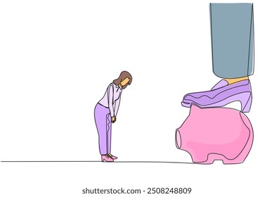 Continuous one line drawing businesswoman nodded in front of giant foot that stepped on the piggy bank. Investment value is rejected by investors. Disagree. Single line draw design vector illustration