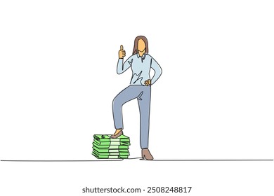 Continuous one line drawing businesswoman stands with thumbs up pose and steps on stack of banknotes. Get a lot of benefits in a short time. Work smart way. Single line draw design vector illustration