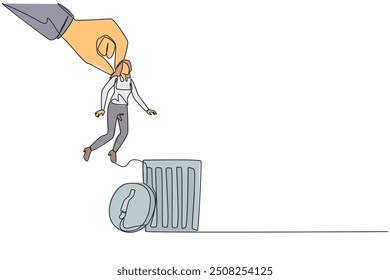 Continuous one line drawing businesswoman is lifted by a giant hand and will be put into a trash can. Get fired. Business must continue to run. Economical. Single line draw design vector illustration