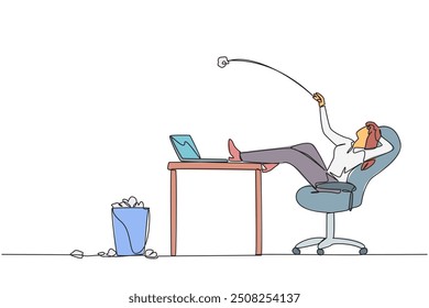 Continuous one line drawing businesswoman sitting in chair throwing wads of paper into trash. Spending time on useless things. Not taking advantage of time. Single line draw design vector illustration