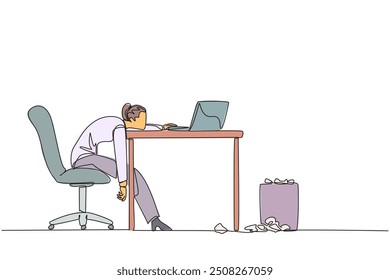 Continuous one line drawing businesswoman sitting in a work chair looking tired. Too tired. Force work. Many deadline reports are wrong. Mentally tired. Single line draw design vector illustration