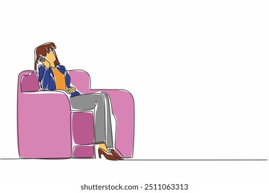 Continuous one line drawing businesswoman sleeping in a sitting position on the sofa. Asleep thinking about ways to make a profit. National Napping Day. Single line draw design vector illustration