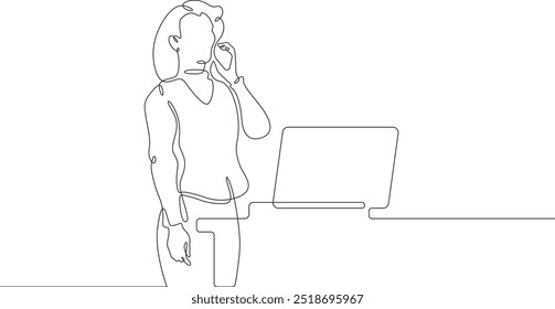 Uma linha contínua desenhando uma empresária falando ao telefone. Mulher trabalhando com laptop. Trabalhando no computador. Negociações. Uma linha contínua isolada ilustração mínima.