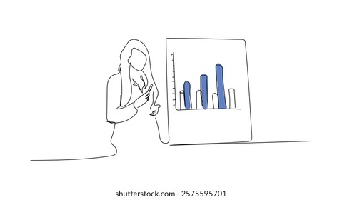 Continuous One Line Drawing of Businesswoman with financial graphic. Woman Working One Line Illustration. Business Concept Abstract Minimalist Contour Drawing. Hand made vector not AI 