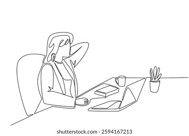 Continuous one line drawing a businesswoman is holding the back of her neck with both hands. Drink little, work a lot. Pain. Fibromyalgia Awareness Day. Single line draw design vector illustration