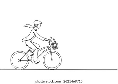 Continuous one line drawing businesswoman with helmet riding a bicycle carrying a briefcase in a basket. Safe mode cycling. National Bike to Work Day. Single line draw design vector illustration