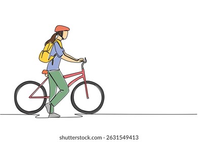 Continuous one line drawing businesswoman with bicycle helmet, carrying backpack and pushing her bicycle. Take a break. Biker. National Bike to Work Day. Single line draw design vector illustration