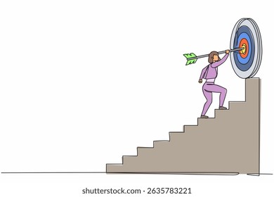 Uma linha contínua desenhando empresária com seta correndo em direção ao seu objetivo, motivação avançando, caminho para alcançar o objetivo alto, através de escadas, passos de realização. Elemento gráfico vetorial de design de linha única