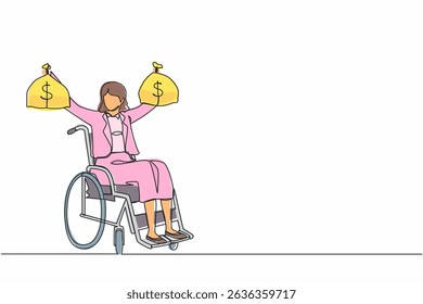 Continuous one line drawing businesswoman holding dollar money bag. Disability insurance benefit payments for disabled wheelchair woman. Protection program. Single line draw design vector illustration
