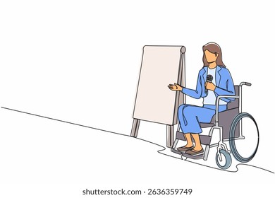Continuous one line drawing businesswoman on wheelchair using microphone, presentation infographics on flip chart at weekly office report meeting. Single line draw design vector graphic illustration