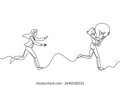 Continuous one line drawing a businesswoman chases a woman running with a light bulb. The thief of ideas. A disturbing crime. National Creativity Day. Single line draw design vector illustration