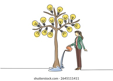 Continuous one line drawing a businesswoman watering big tree bearing many fruits with lightbulb with watering can. Mature thinker. National Creativity Day. Single line draw design vector illustration