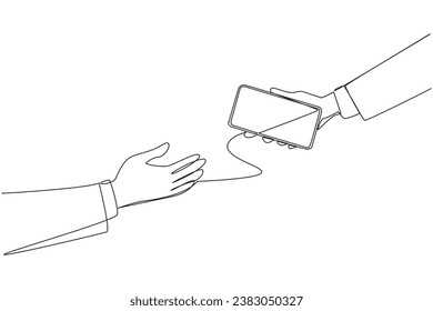 Durchgehend eine Zeile zeichnen eine Geschäftsfrau die Hand gibt ein Handy an Kollegen. Tauschen Sie Telefonnummern aus. Aufbau von Beziehungen zu neuen Beziehungen. Vektorgrafik-Design für einzelne Linien