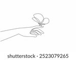 Continuous one line drawing butterfly perched on index finger. Hands of tenderness that can care for hope. Best future of humanity. Zero Discrimination Day. Single line draw design vector illustration