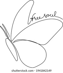 Continuous one line drawing of a butterfly with handwritten text Free soul. Minimalist art.