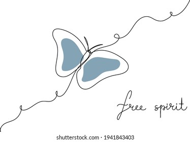 Continuous one line drawing of a butterfly with handwritten text Free spirit. Minimalist art.