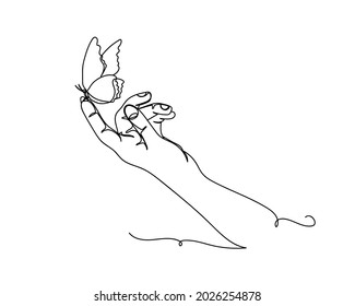 Continuous one line drawing of butterfly on hand in silhouette on a white background. Linear stylized.Minimalist.