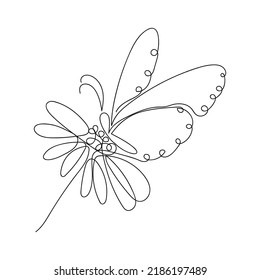 Continuous one line drawing. Butterfly and flower. Hand drawn vector illustration.
