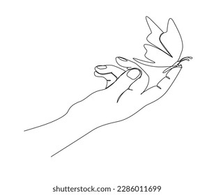 Continuous one line drawing of butterfly sitting on human hand. Beautiful butterfly on hand line art vector illustration. Editable stroke.