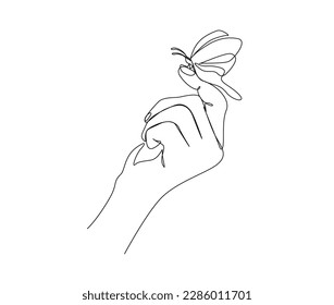 Continuous one line drawing of butterfly sitting on human hand. Beautiful butterfly on hand line art vector illustration. Editable stroke.