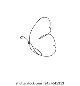 Continuous one line drawing of butterfly, black and white graphics vector minimalist linear illustration