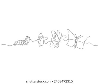 Continuous one line drawing of butterfly life cycle. One line drawing illustration of butterfly metamorphosis. Butterfly transformation concept continuous line art. Editable outline.