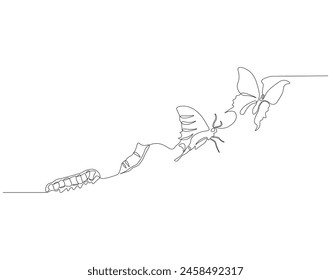 Continuous one line drawing of butterfly life cycle. One line drawing illustration of butterfly metamorphosis. Butterfly transformation concept continuous line art. Editable outline.