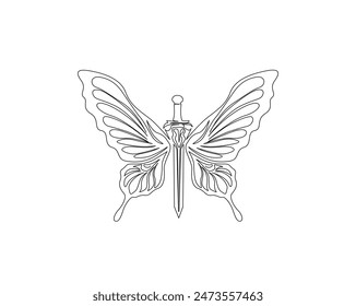 Continuous one line drawing of butterfly wings with sword. Sword and butterfly wings in single outline vector illustration. Editable stroke and usable for poster, wall decor, sticker, T-shirt design.