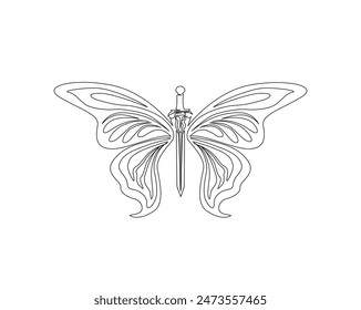 Continuous one line drawing of butterfly wings with sword. Sword and butterfly wings in single outline vector illustration. Editable stroke and usable for poster, wall decor, sticker, T-shirt design.