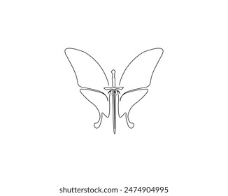 Continuous one line drawing of butterfly wings with sword. Sword and buterfly wings in single outline vector illustration. Editable stroke and usable for poster, wall decor, sticker, T-shirt design.