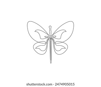 Continuous one line drawing of butterfly wings with sword. Sword and buterfly wings in single outline vector illustration. Editable stroke and usable for poster, wall decor, sticker, T-shirt design.
