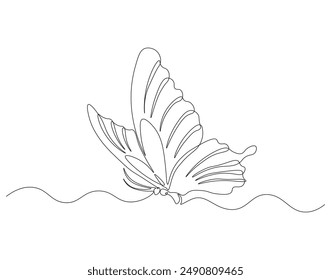 Continuous one line drawing of butterfly flying. One line drawing illustration of beautiful buterfly. Flying insect animal concept line art. Editable outline.
