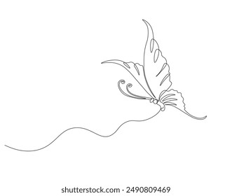 Continuous one line drawing of butterfly flying. One line drawing illustration of beautiful buterfly. Flying insect animal concept line art. Editable outline.
