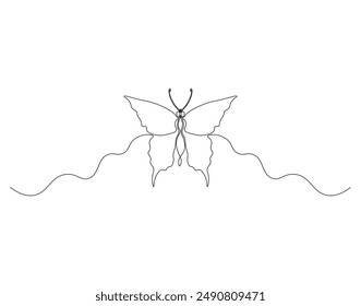 Continuous one line drawing of butterfly flying. One line drawing illustration of beautiful buterfly. Flying insect animal concept line art. Editable outline.
